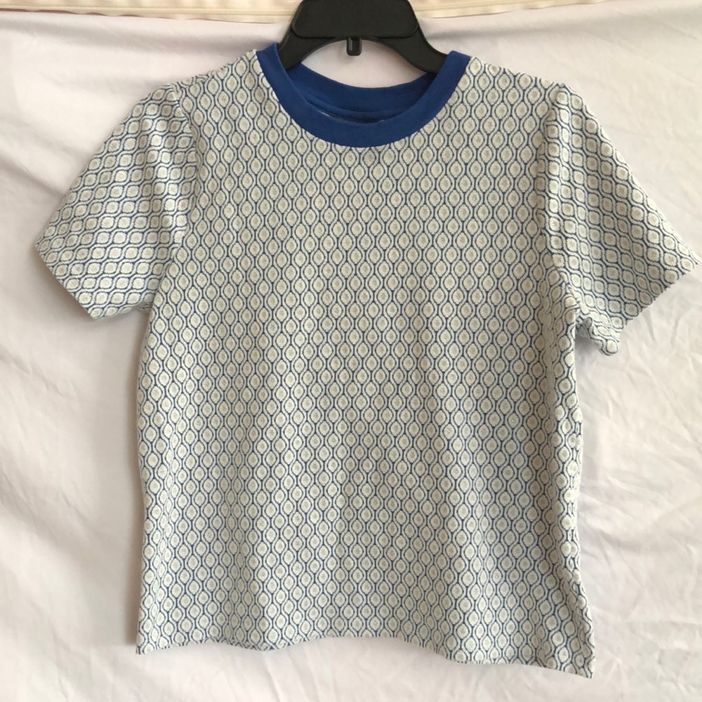 ModCloth thick knit shirt. Blue, white, silver diamond design. Royal blue neck M